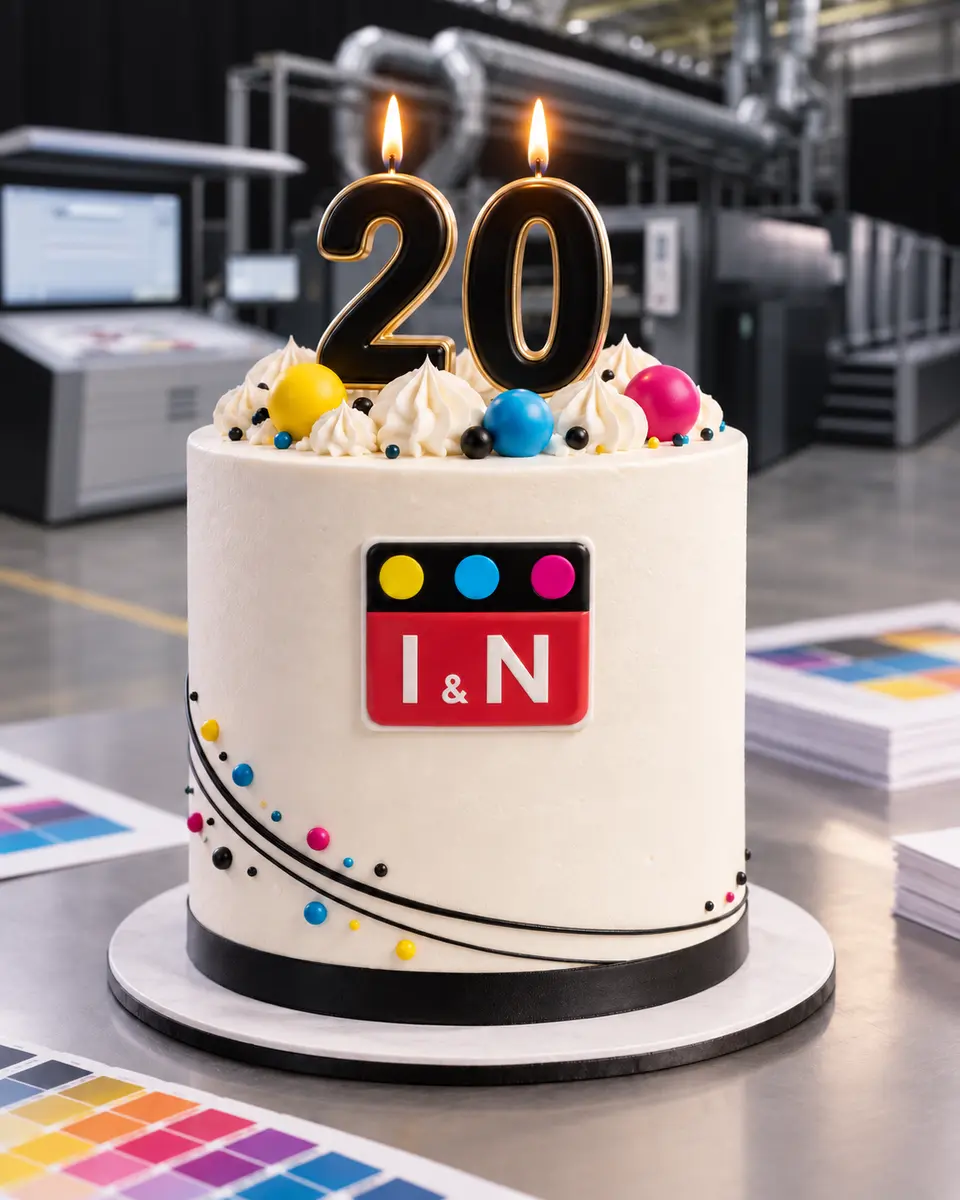 Pastel conmemorativo por los 20 años de Inversiones & Negocios JC S.R.L. en la industria gráfica